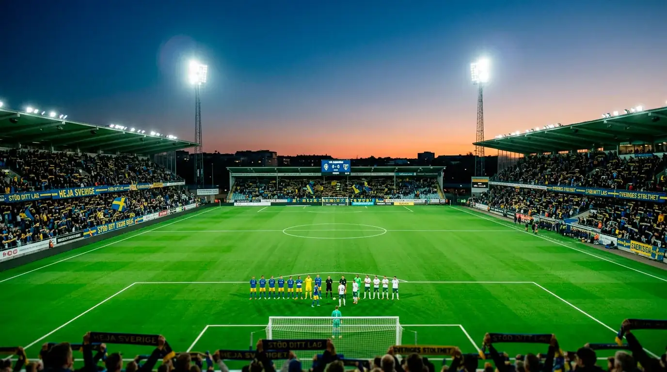 Allsvenskan fotbollsplan under kvällsbelysning med strålkastare